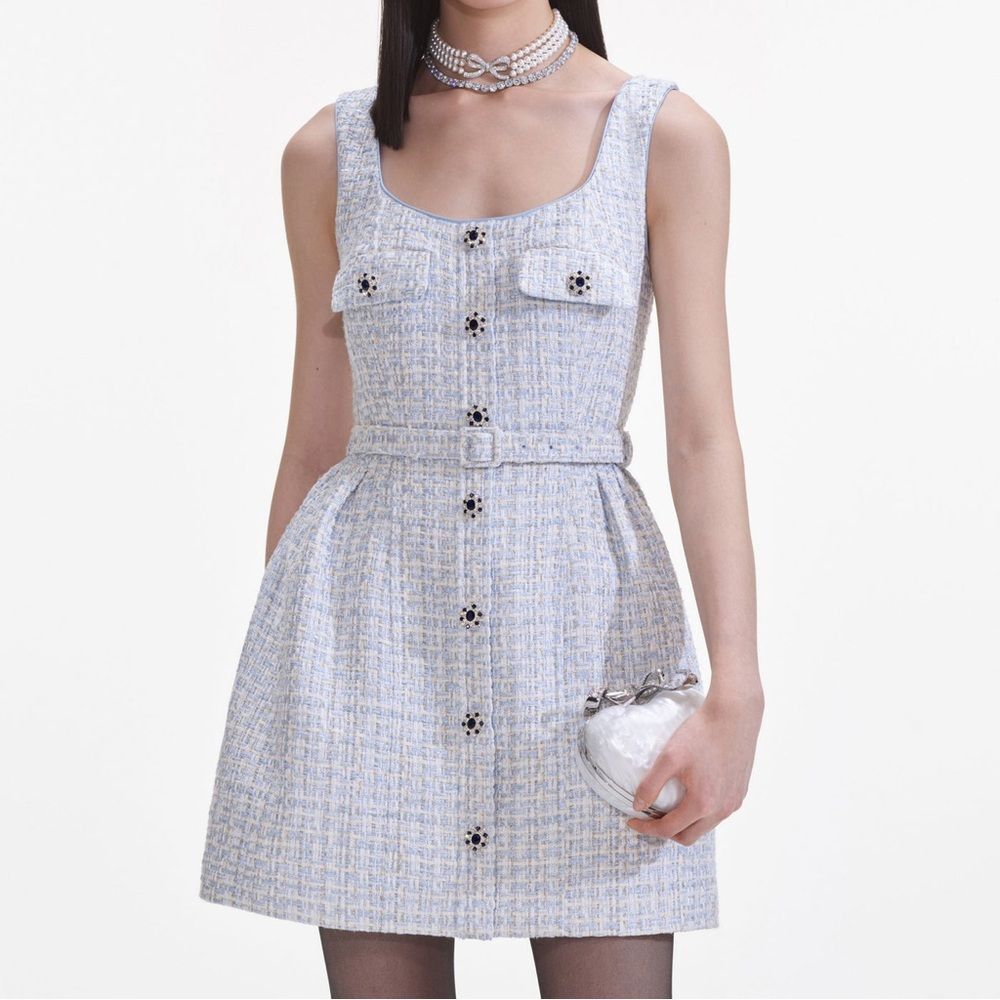 NWOT SELF-PORTRAIT BLUE BOUCLE SLEEVELESS MINI DRESS, wedding guest dress